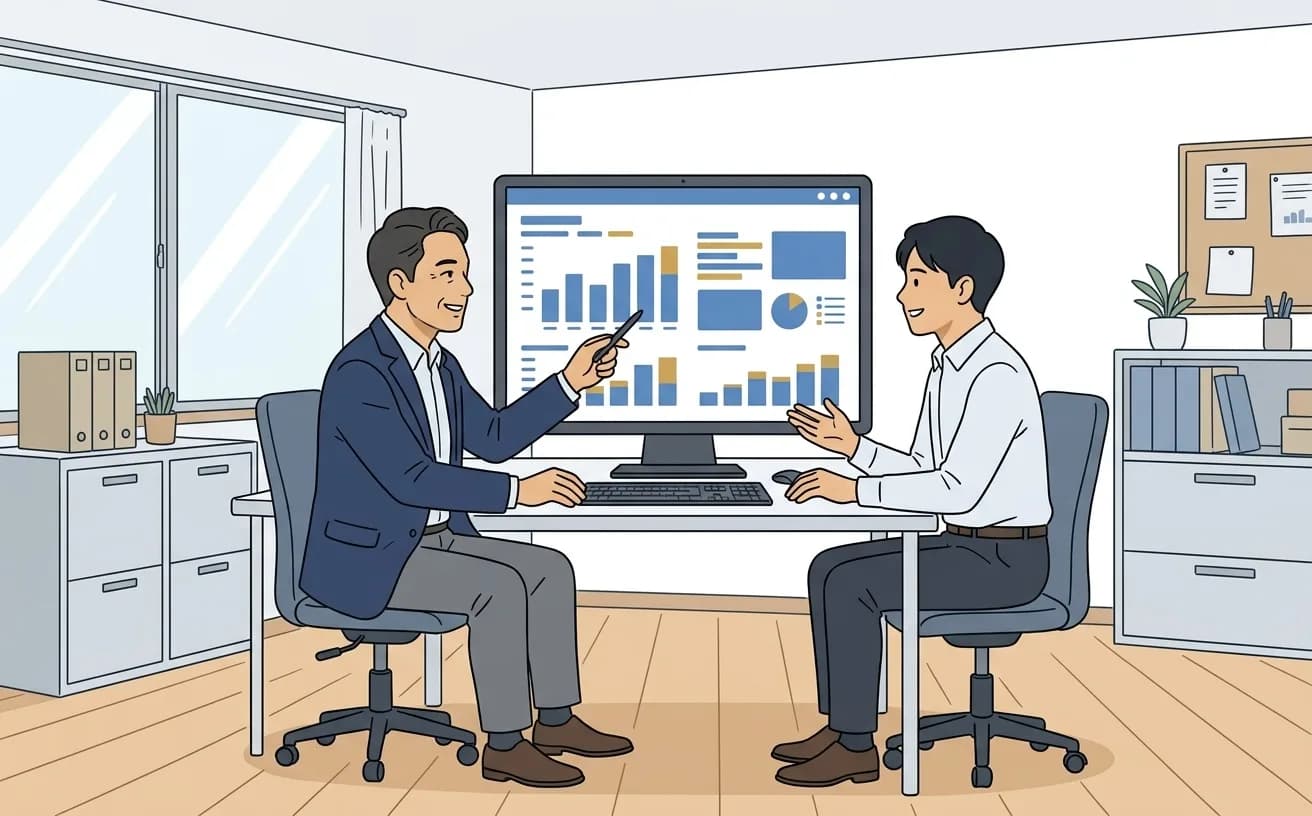 経営者がPCで売上データの分析画面を確認しているイラスト