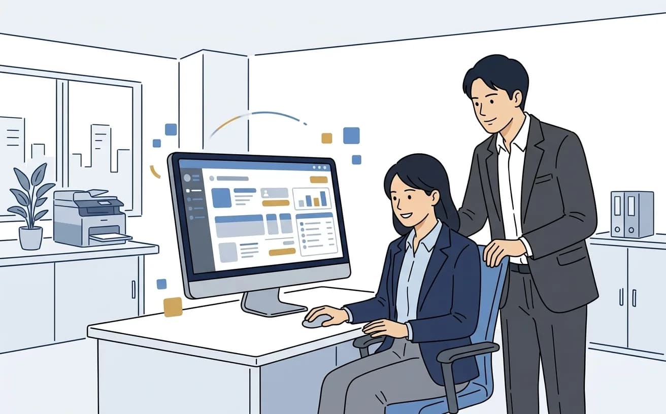 事務担当者がPCでAI書類作成ツールの画面を確認しているイラスト