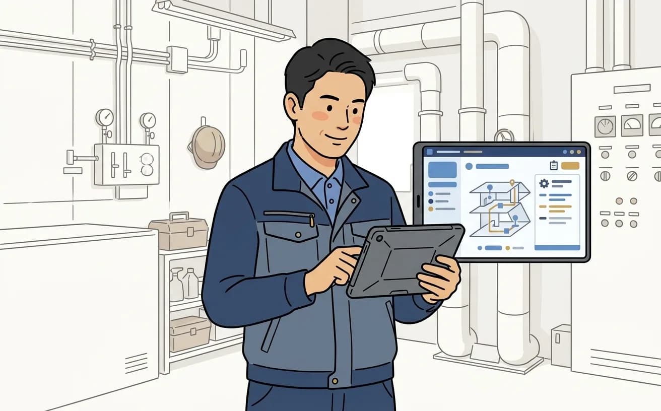 ビルメンテナンス担当者がタブレットで巡回管理AIの画面を確認しているイラスト