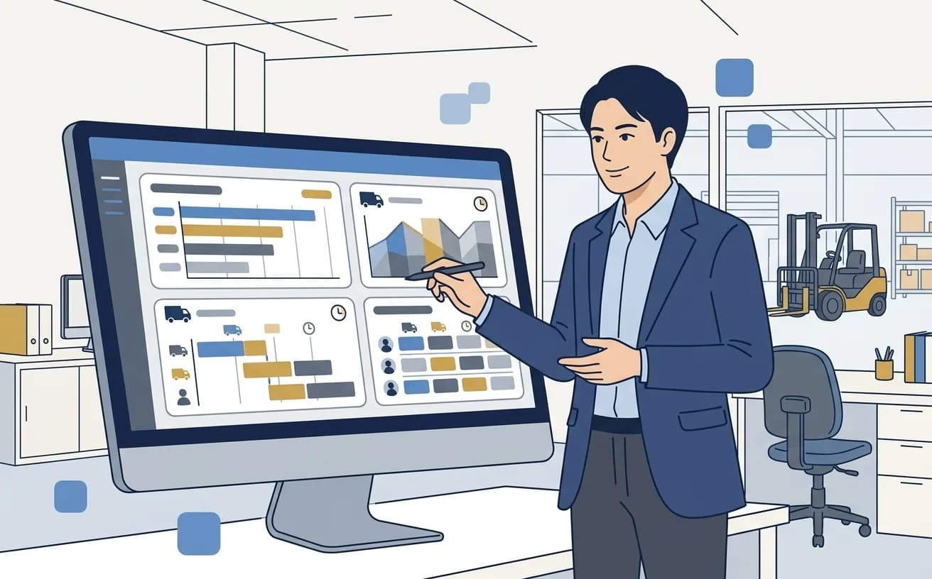 運送会社の管理者がPCでAI配車と運転時間管理のデータを確認しているイラスト