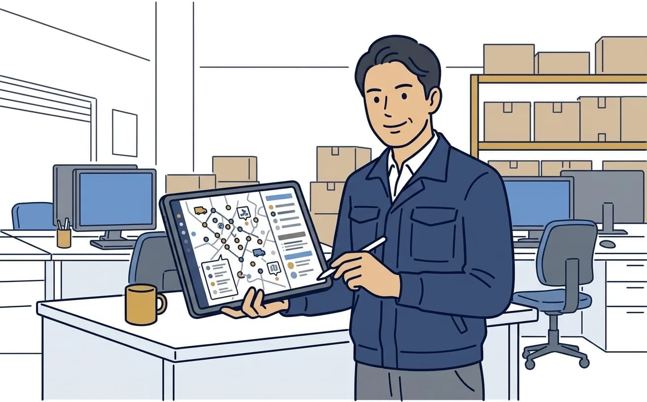 物流業の配車担当者がタブレットでAI配車計画の画面を確認しているイラスト