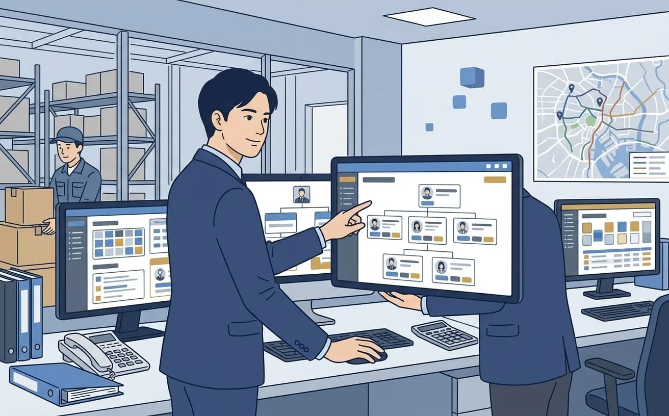 運送会社の管理者がPCで実運送体制管理簿を確認しているイラスト