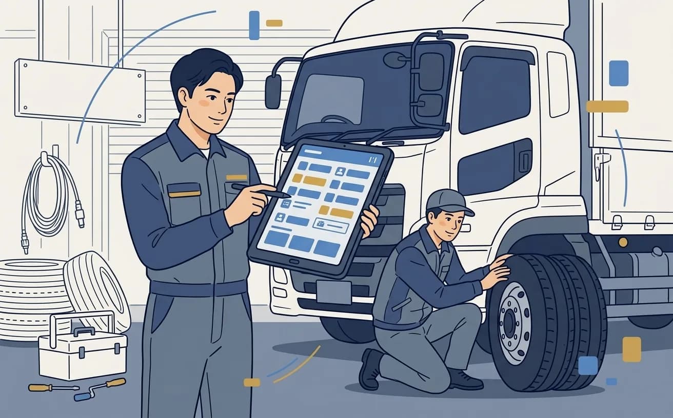 運送会社の車庫で整備管理者がタブレットで点検記録を確認し、運転者がトラックのタイヤを点検しているイラスト