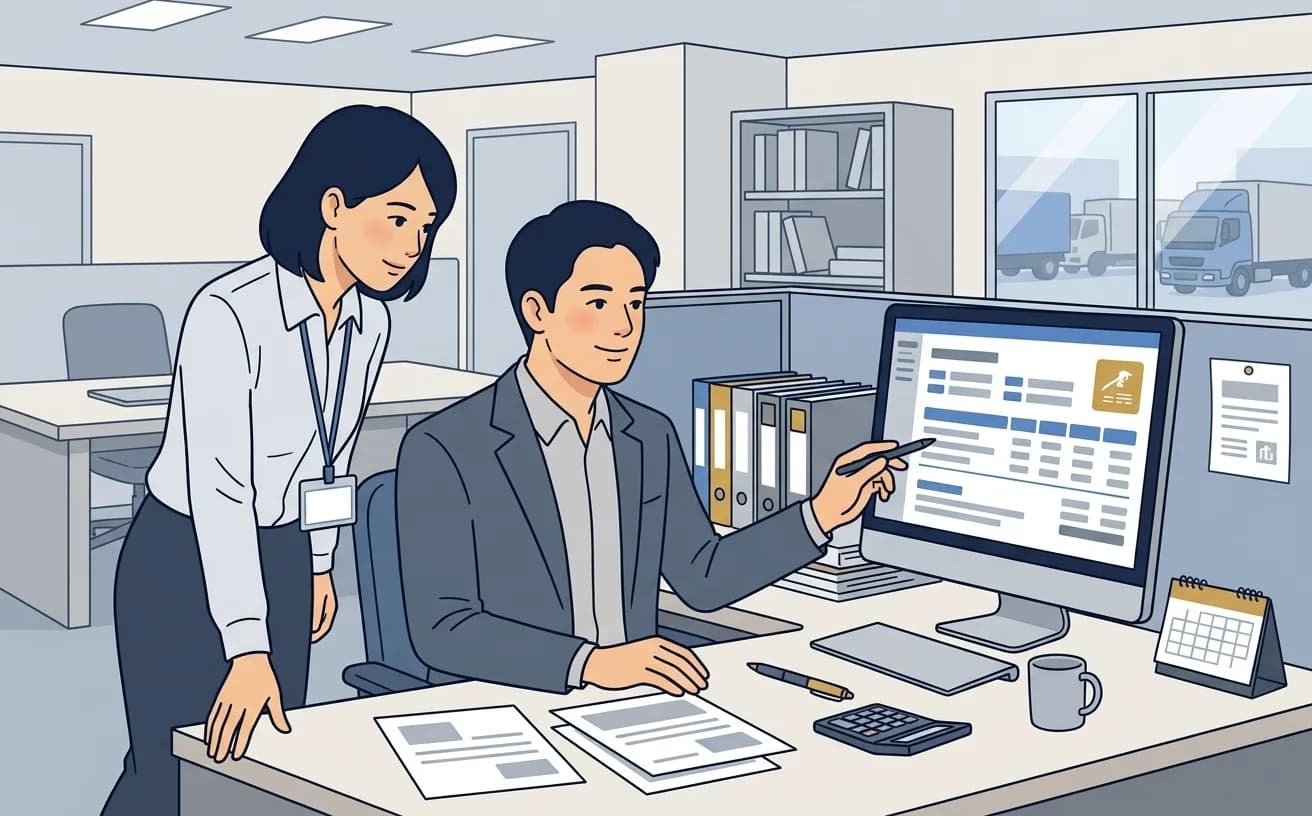 運送会社の経理担当者がPCで請求と傭車費の突合作業をしているイラスト