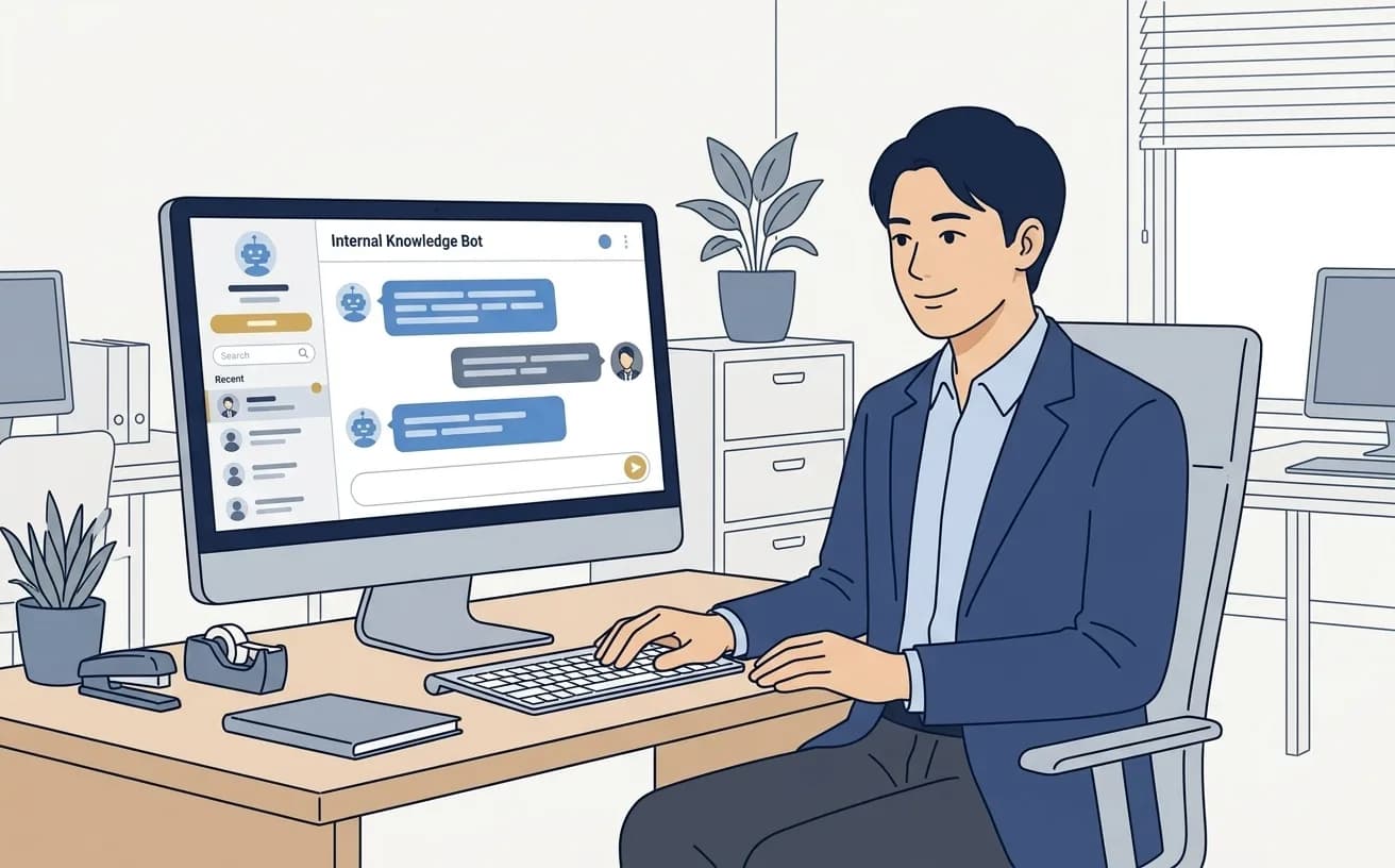 バックオフィス担当者がPCで社内ナレッジbotの画面を確認しているイラスト