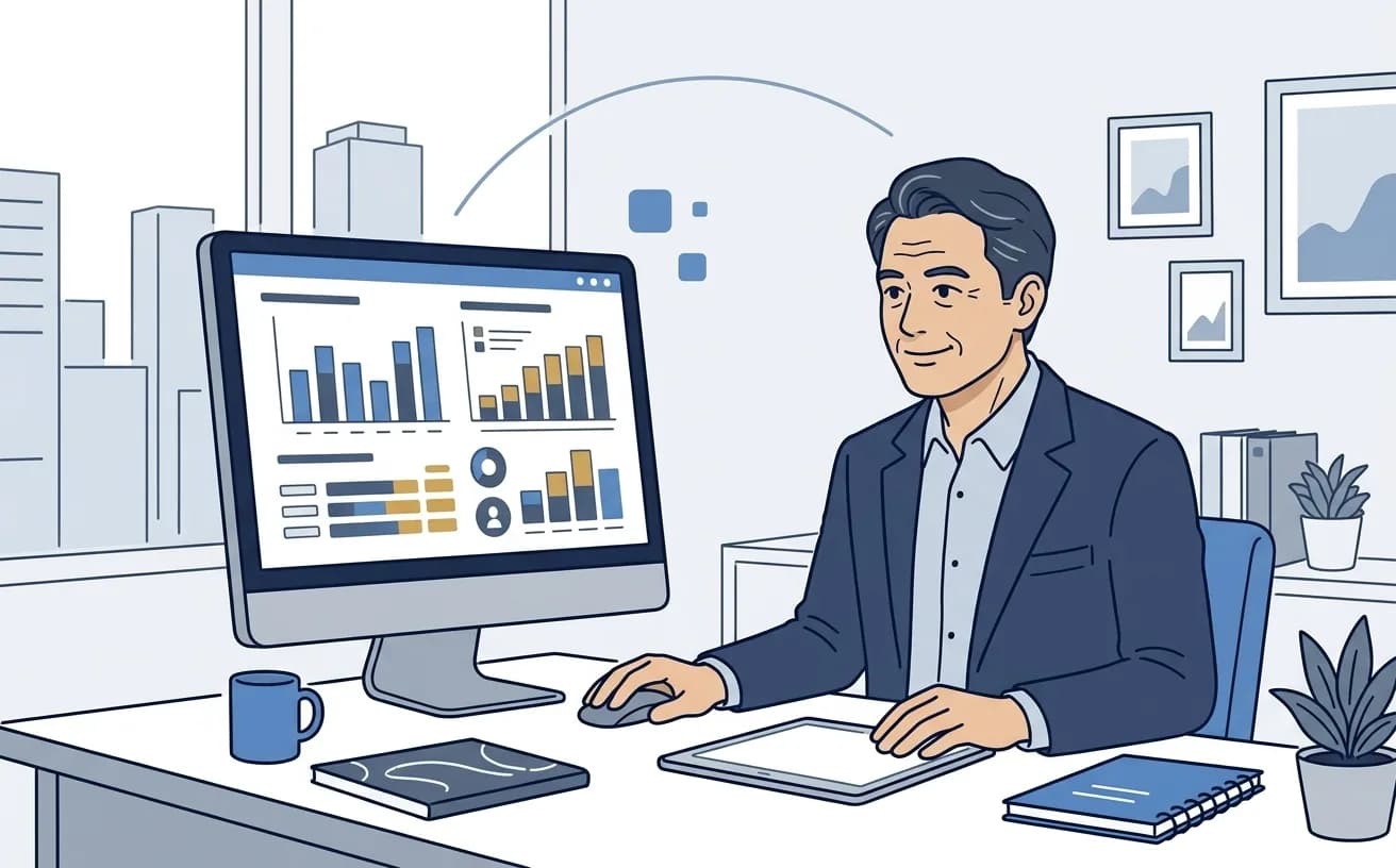 経営者がPCでAI投資と労働投入量のデータを確認しているイラスト