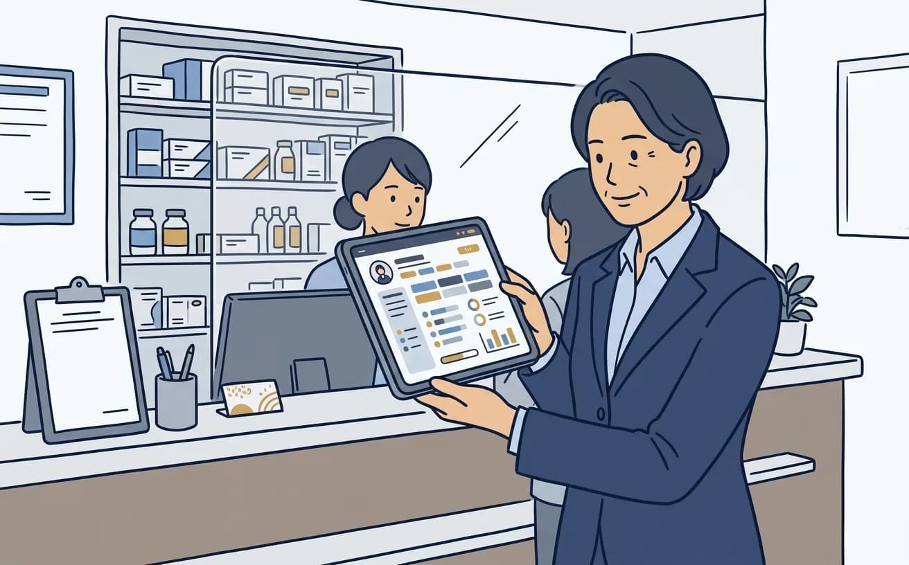 クリニックの受付スタッフがタブレットでAI問診の画面を確認しているイラスト