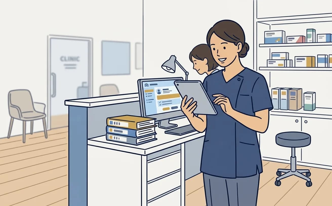 クリニックの事務スタッフがタブレットでAI書類ドラフトを確認しているイラスト