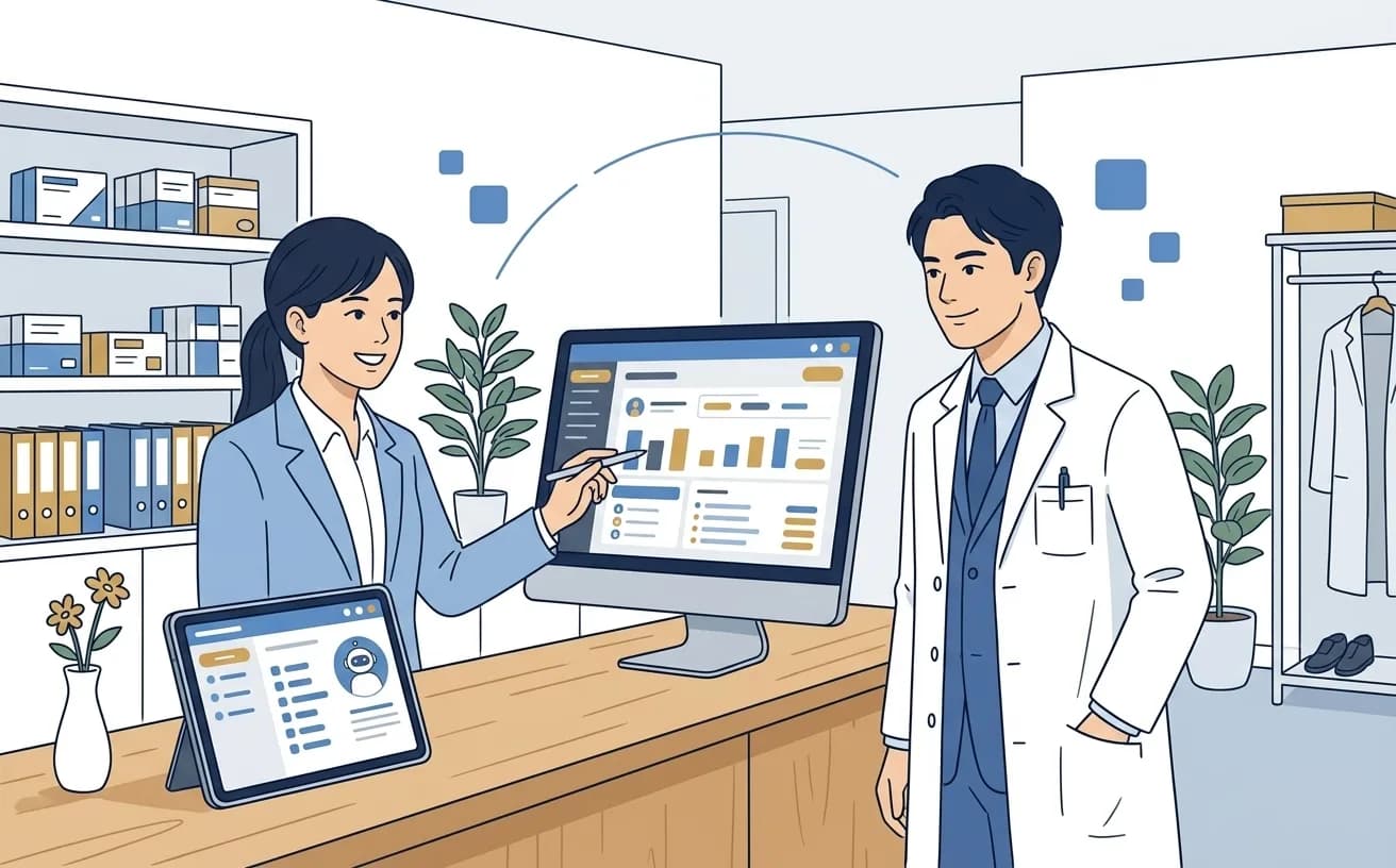 クリニックの受付スタッフがタブレットでWeb予約管理の画面を確認しているイラスト