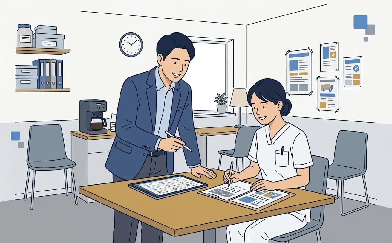 クリニックの職員控室で院長と看護師がタブレットとファイルを見ながら医療安全の研修記録を確認しているイラスト