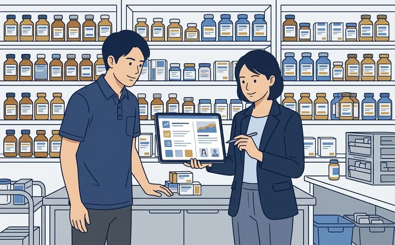 クリニックのスタッフがタブレットで医薬品在庫を確認している様子