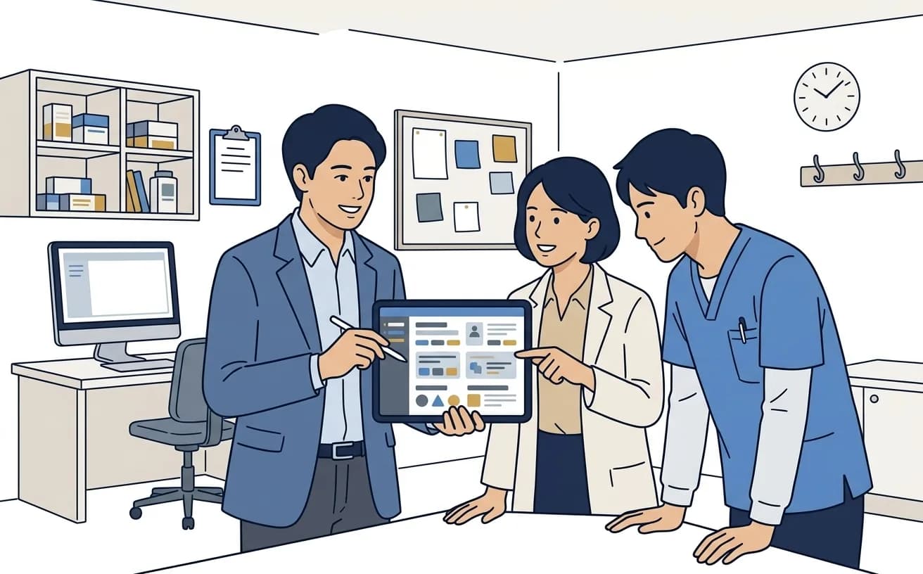 クリニックのスタッフがタブレットで患者情報の共有画面を確認しているイラスト