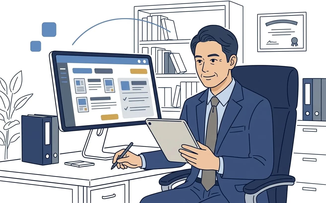 クリニックの院長がタブレットで施設基準の届出管理を確認しているイラスト