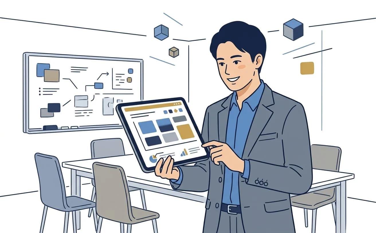 中小企業の経営者がタブレットでDX推進の資料を確認しているイラスト