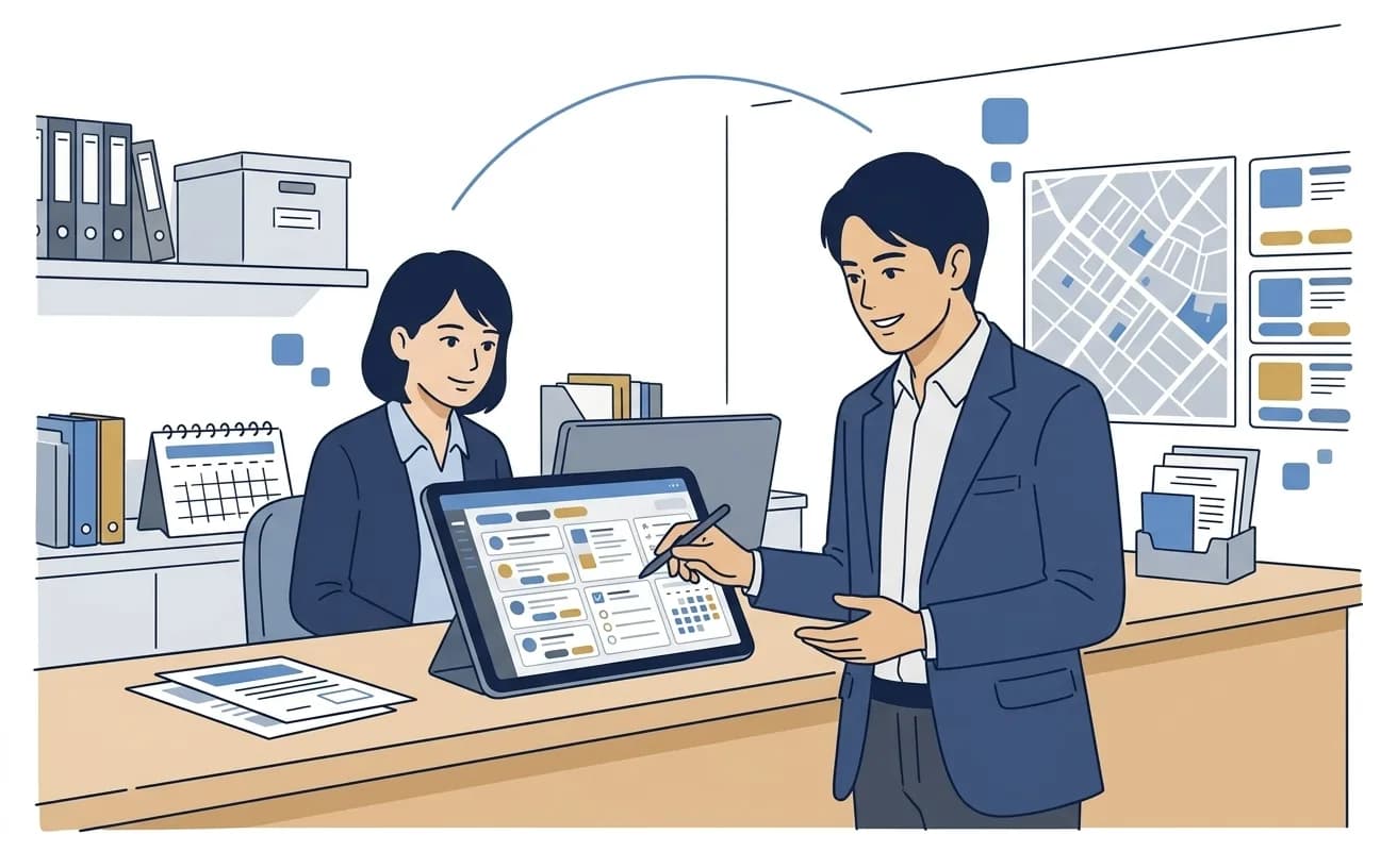 不動産仲介の営業担当がタブレットでCRMの画面を確認しているイラスト