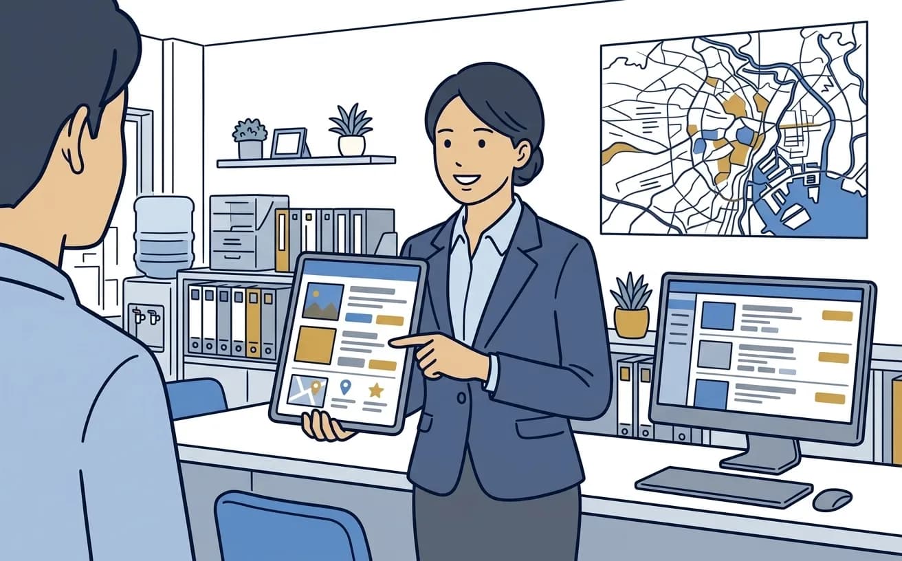不動産仲介の営業担当がタブレットで物件マッチングの画面を確認しているイラスト