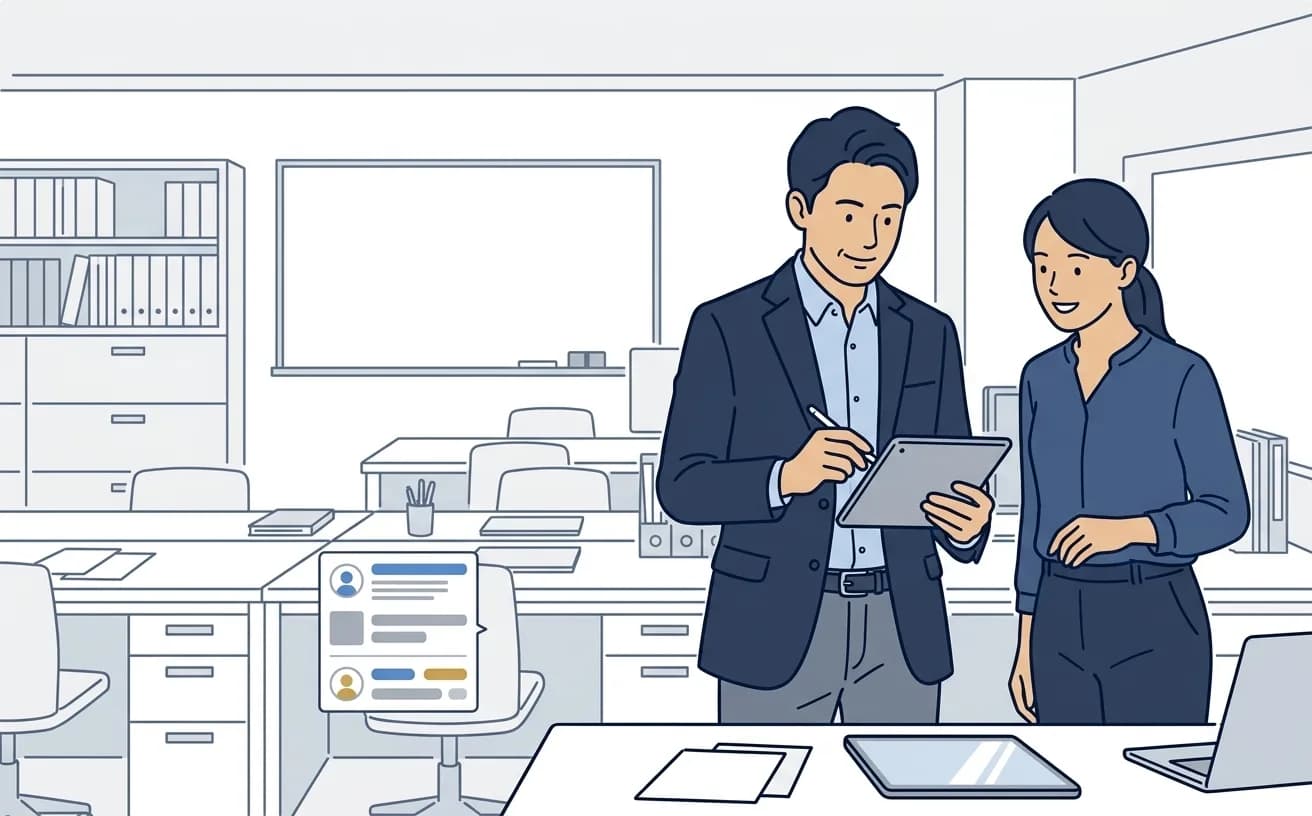 賃貸管理会社のスタッフがタブレットでAI一次対応の画面を確認しているイラスト