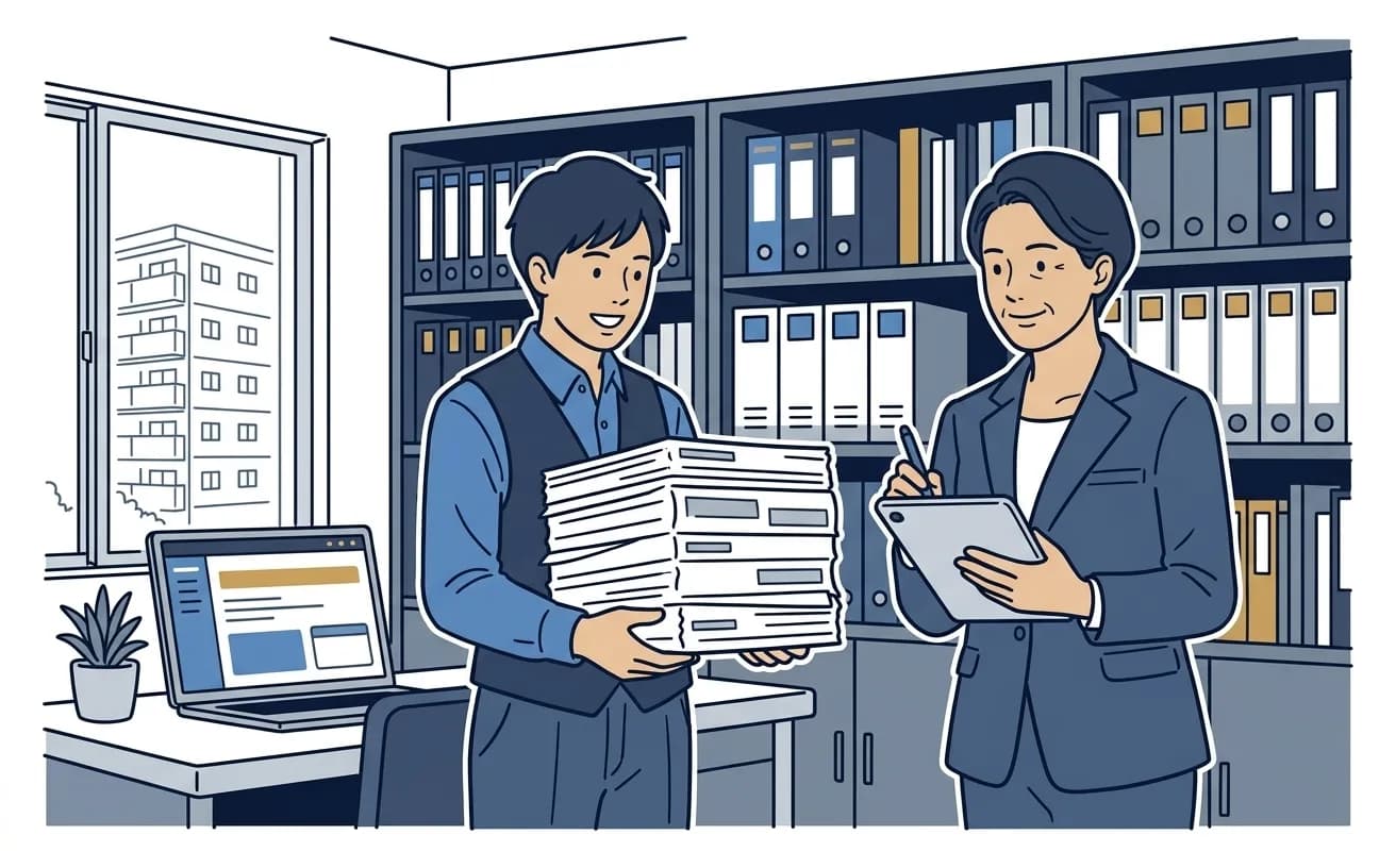 賃貸管理会社の事務所で管理部の責任者が契約ファイルの棚の前でタブレットを手に同僚と書類を確認しているイラスト