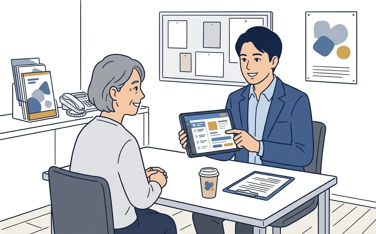 賃貸管理会社の営業担当がタブレットでオーナー接点履歴を確認しているイラスト