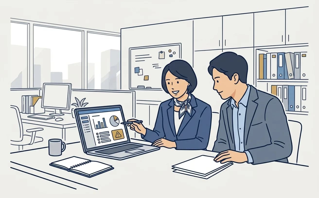 不動産管理会社のスタッフが契約更新の通知期限をダッシュボードで確認しているイラスト