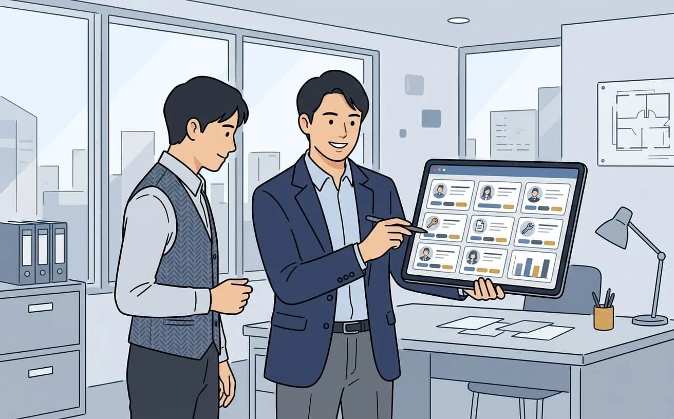 賃貸管理会社の経営層がタブレットで業務統合ダッシュボードを確認しているイラスト