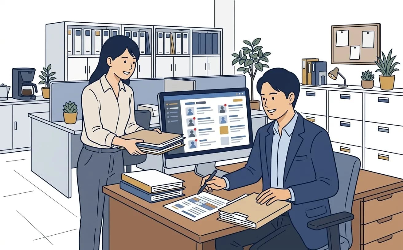賃貸管理会社のスタッフがPCで滞納督促の対応履歴を確認しているイラスト