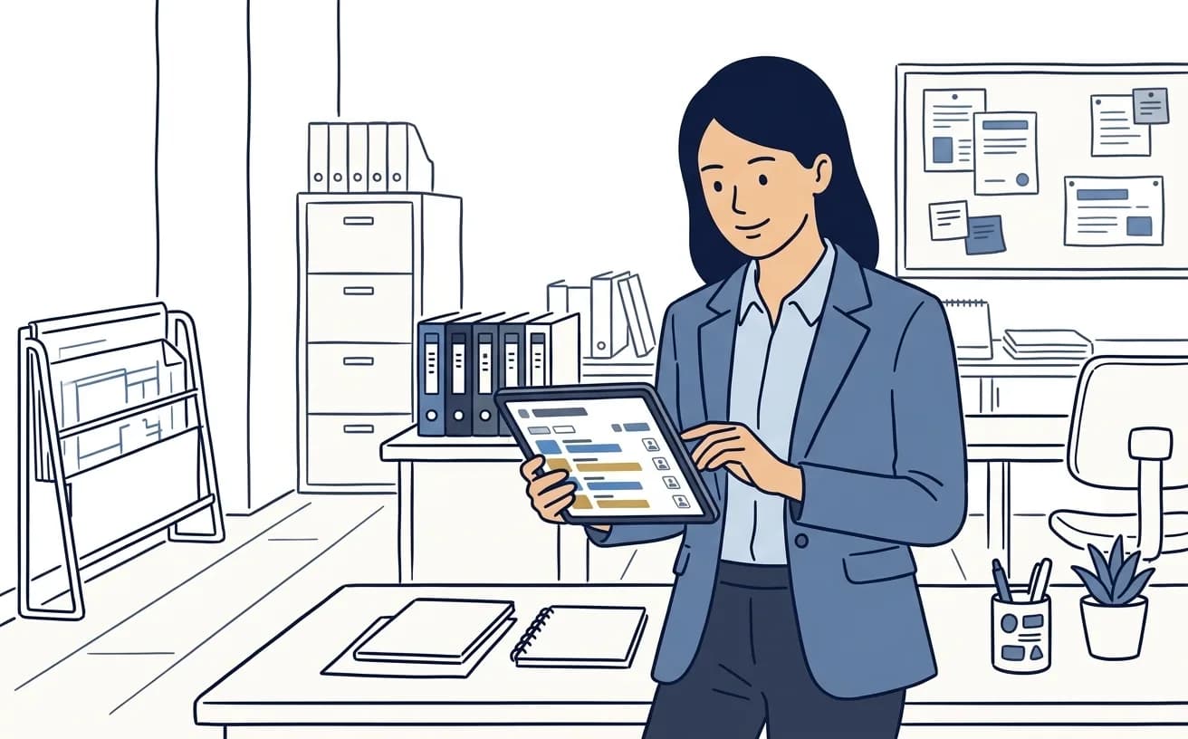 賃貸管理会社の担当者がタブレットで期日管理の一覧を確認しているイラスト