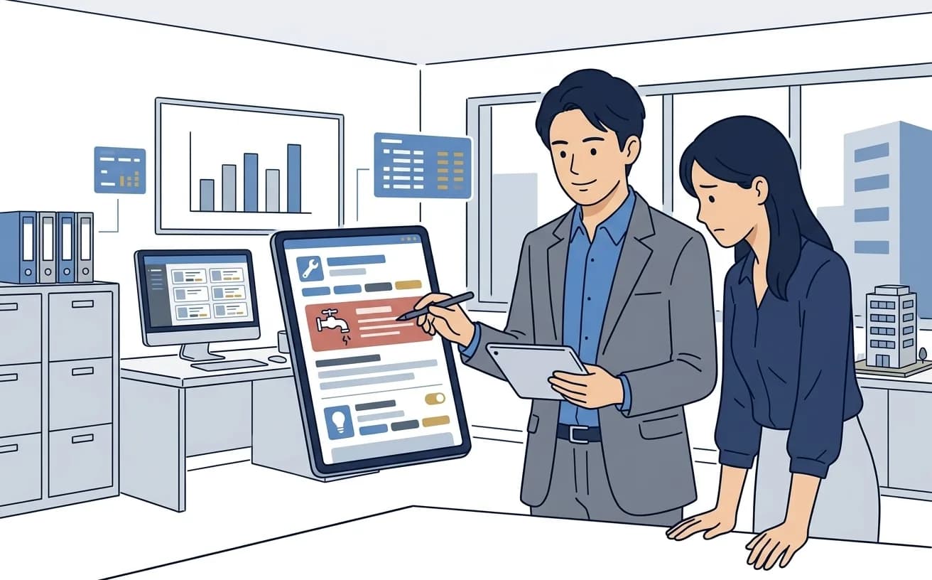 賃貸管理会社のスタッフがタブレットで入居者対応の一次受付画面を確認しているイラスト