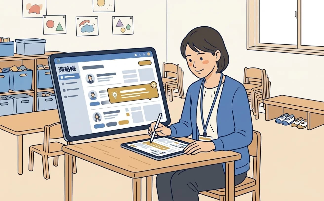 保育園の保育士がタブレットでAI連絡帳の入力画面を確認しているイラスト