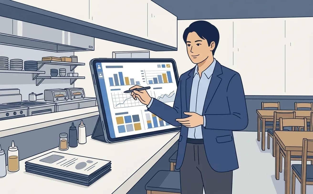 飲食チェーンの店長がタブレットでAIシフト管理の画面を確認しているイラスト