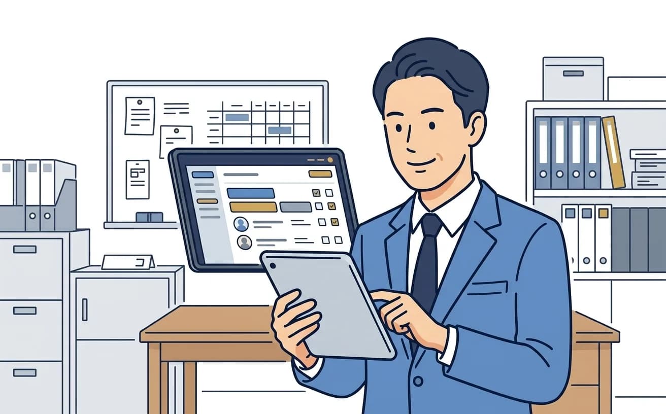 飲食店のマネージャーがタブレットでシフト自動生成の画面を確認しているイラスト