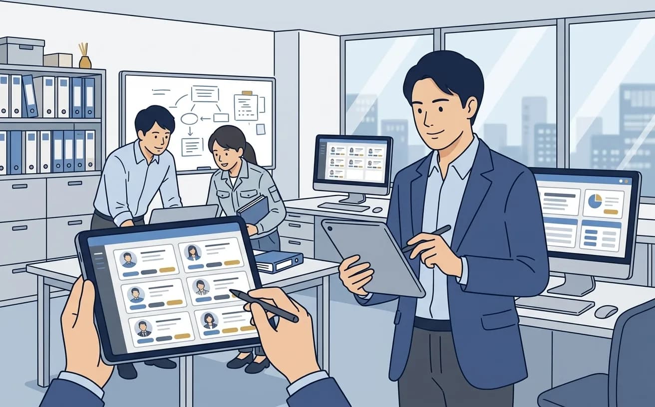 人材派遣会社の担当者がタブレットでマッチングAIの画面を確認しているイラスト