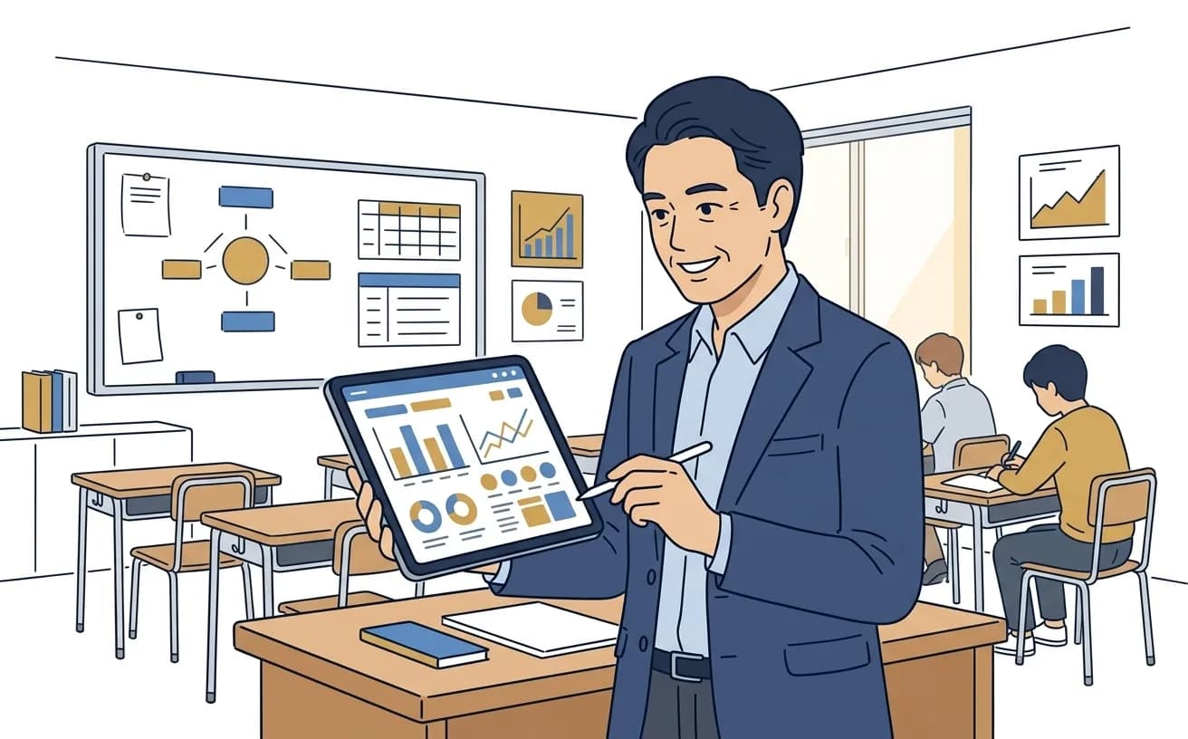学習塾の塾長がタブレットで学習分析AIの画面を確認しているイラスト