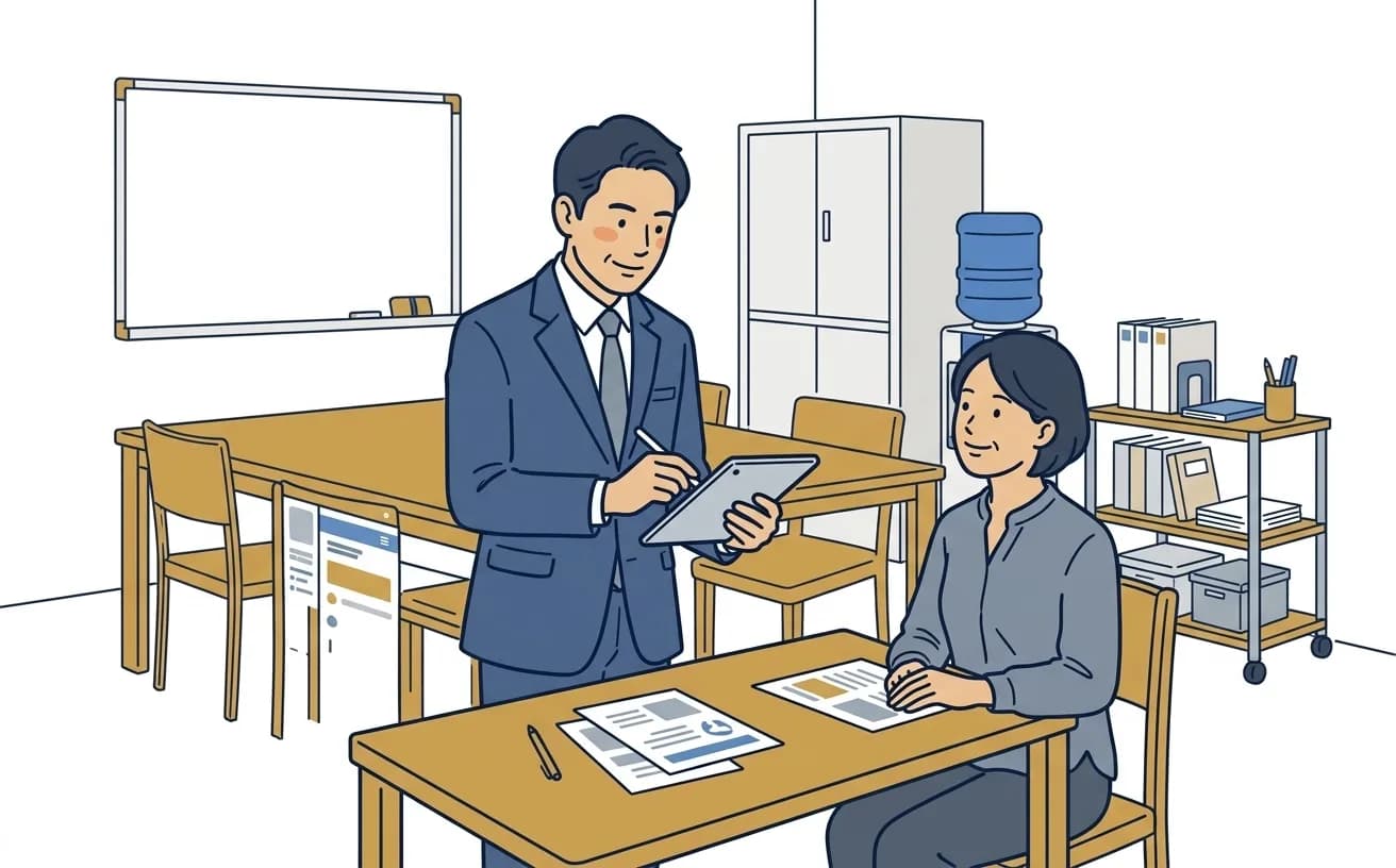 学習塾の塾長がタブレットで保護者面談の記録を入力しているイラスト