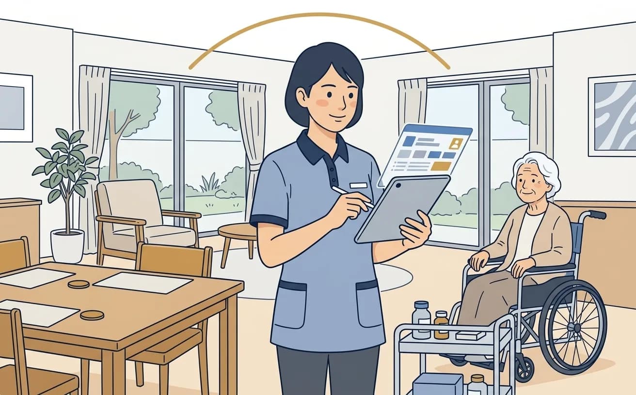 介護施設のスタッフがタブレットに音声で申し送り記録を入力しているイラスト