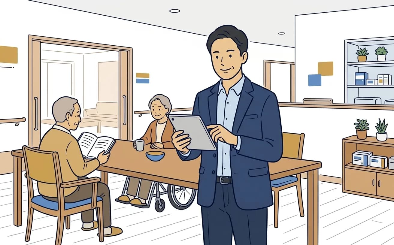 介護施設の施設長がタブレットで介護DXの記録画面を確認しているイラスト