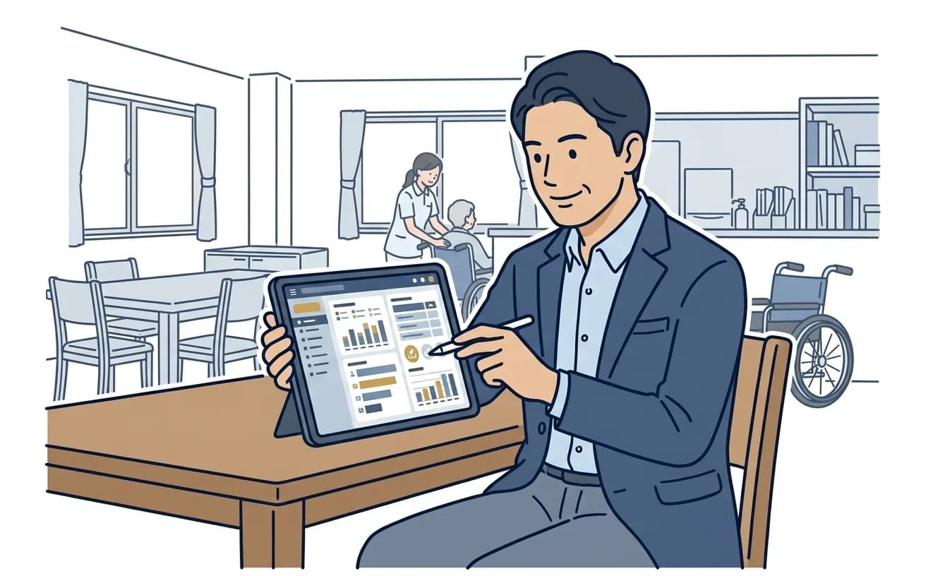 介護施設の管理者がタブレットでカスハラ相談記録を確認しているイラスト