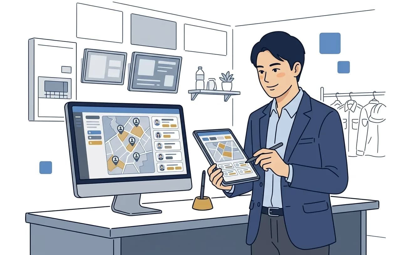 警備会社の管理者がタブレットで配置管理AIの画面を確認しているイラスト