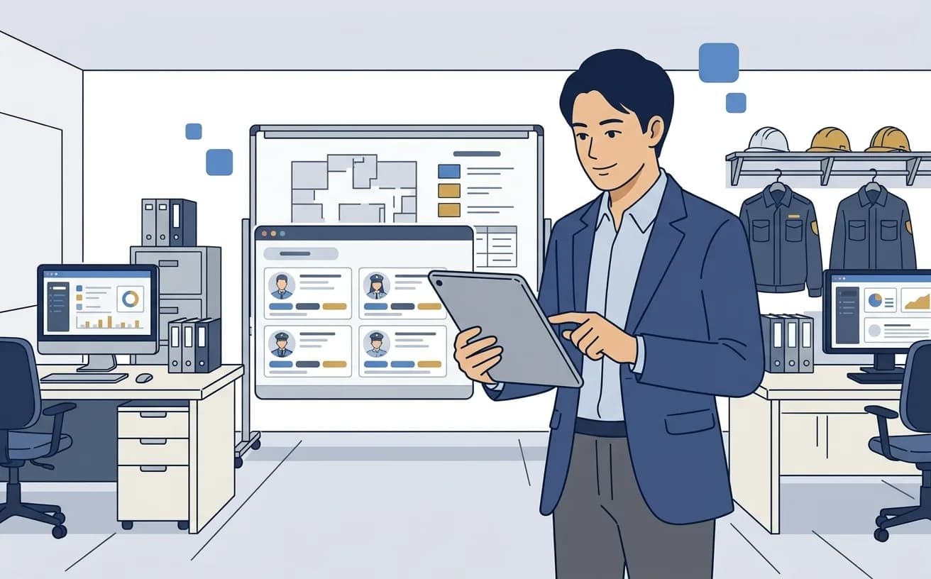 警備会社の教育責任者がタブレットで受講履歴を確認しているイラスト