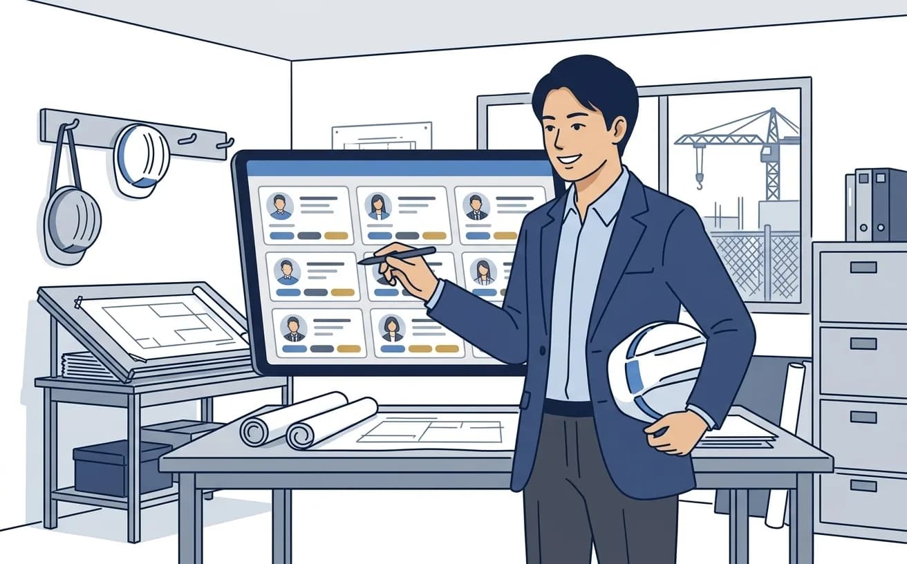 建設現場の監督がタブレットで技能者の資格管理データを確認しているイラスト
