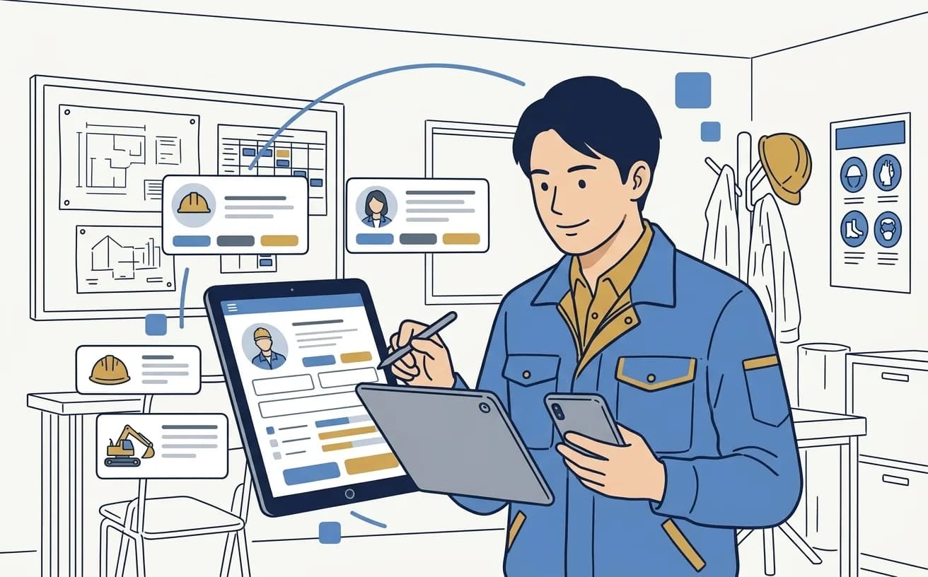 建設現場の監督がスマホでAI日報の画面を確認しているイラスト