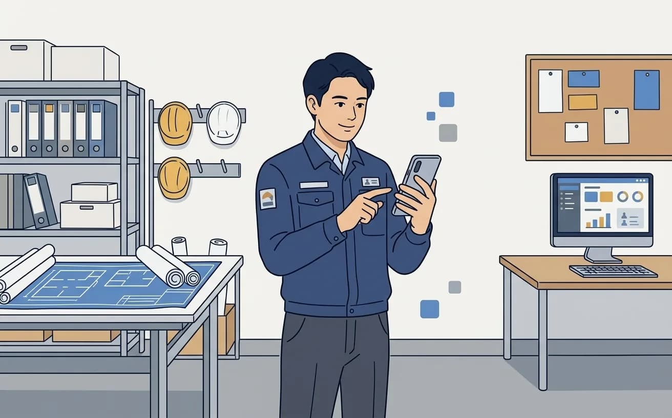 建設現場の監督がスマホで原価管理データを入力しているイラスト