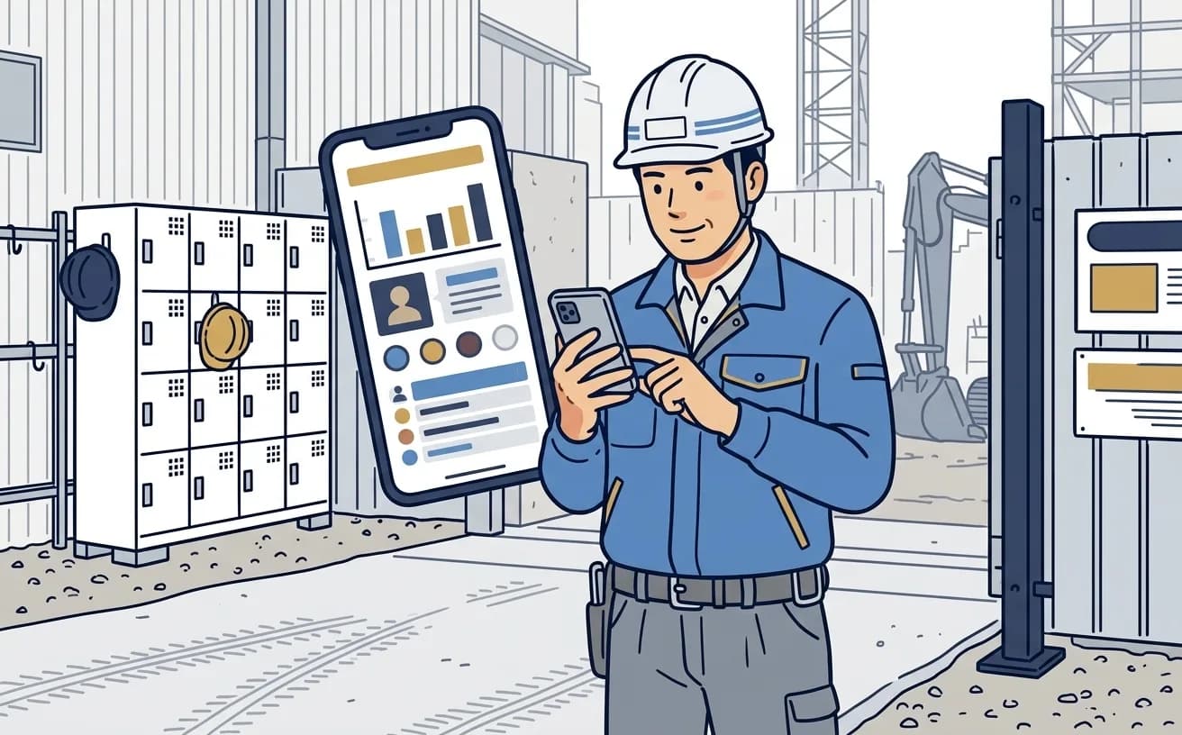 建設現場の監督がスマホでGPS連携の勤怠打刻を確認しているイラスト