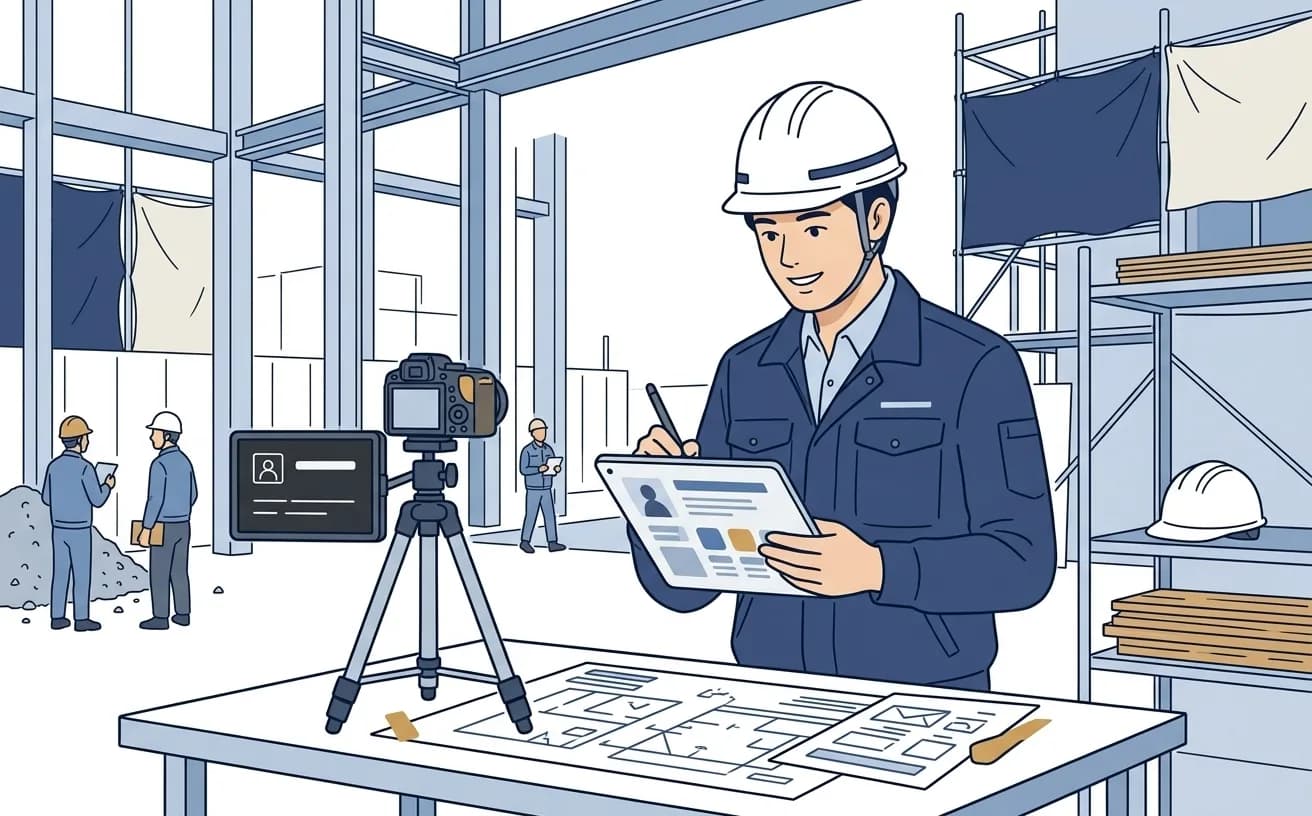建設現場の監督がタブレットで工事写真台帳を確認しているイラスト
