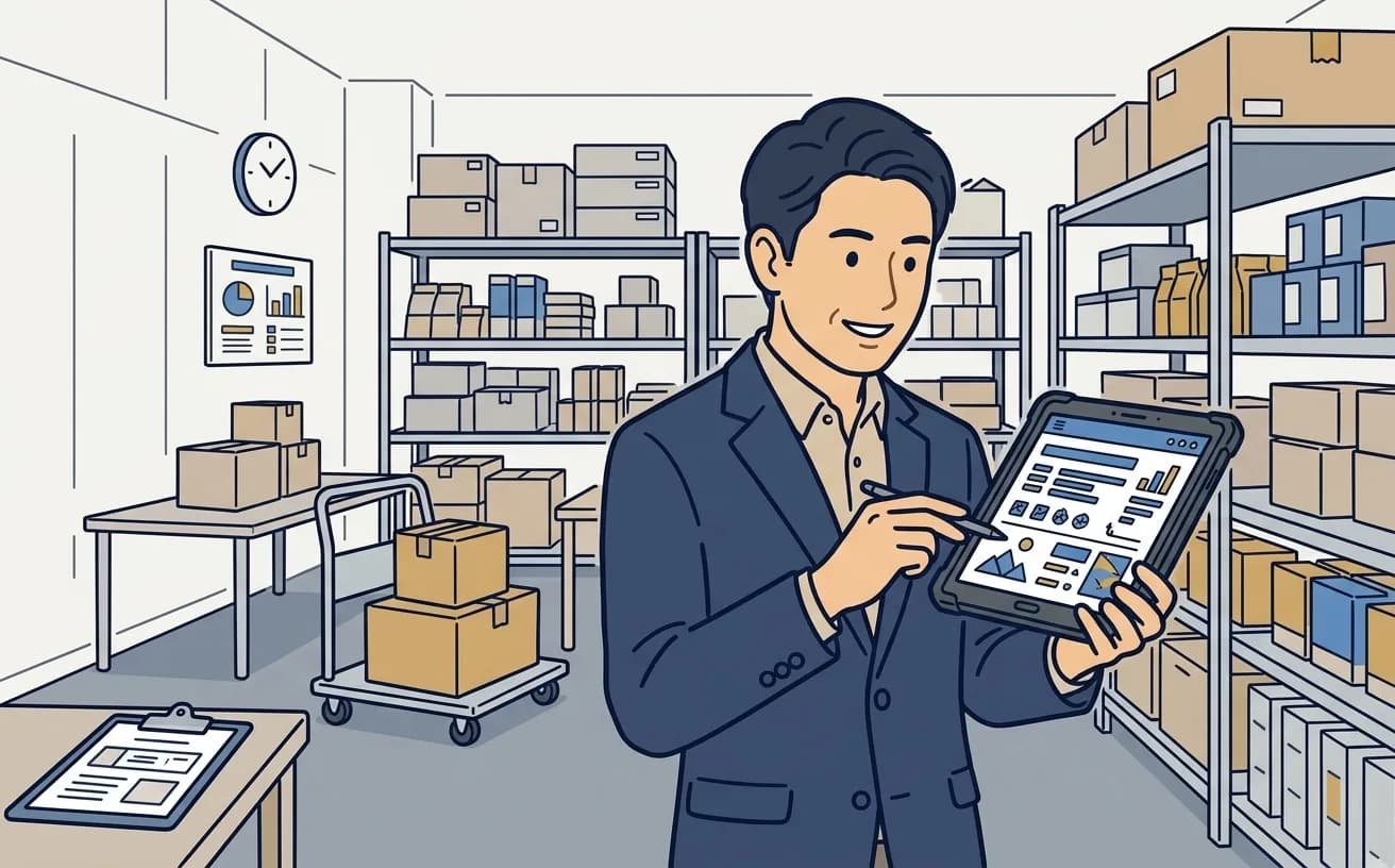 小売業の店舗管理者がタブレットで在庫管理AIの画面を確認しているイラスト