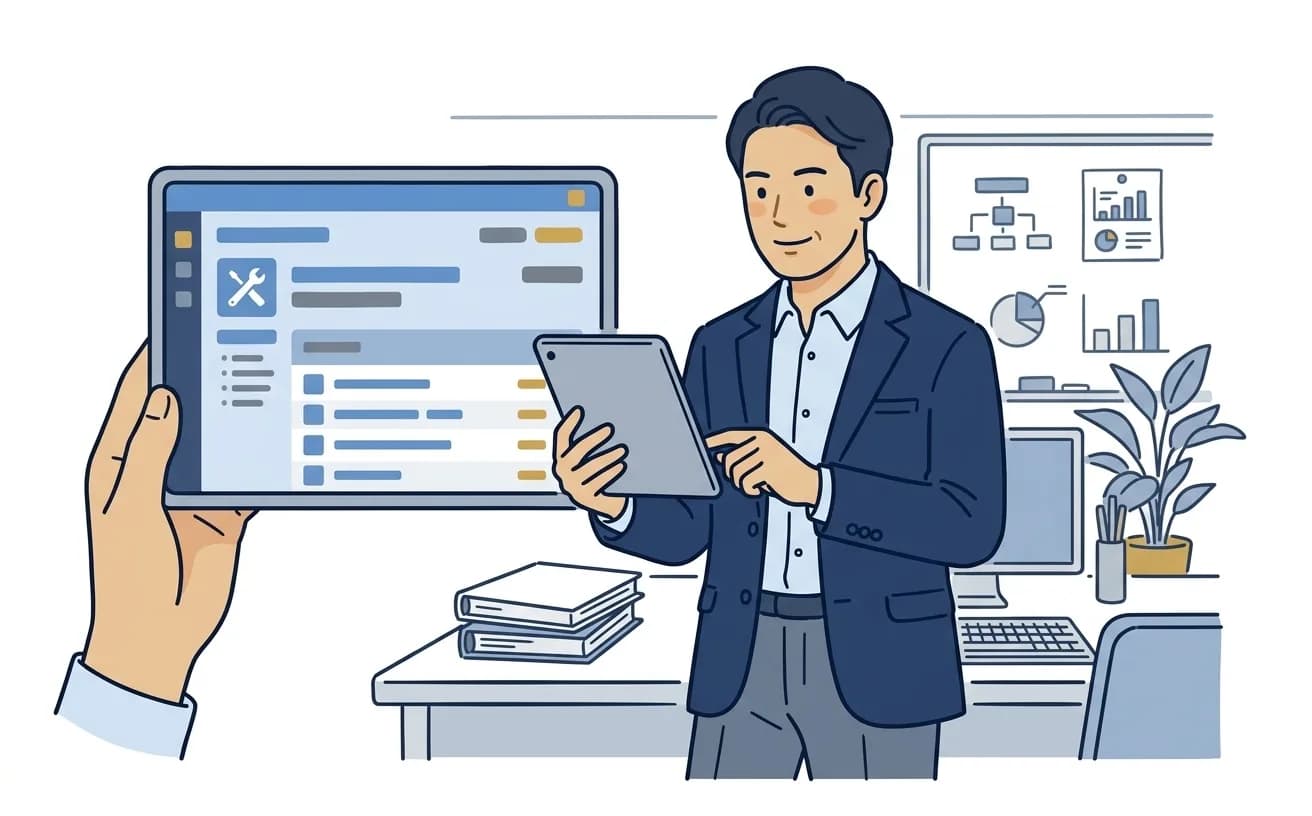 マンション管理担当者がタブレットで修繕履歴のデータを確認しているイラスト