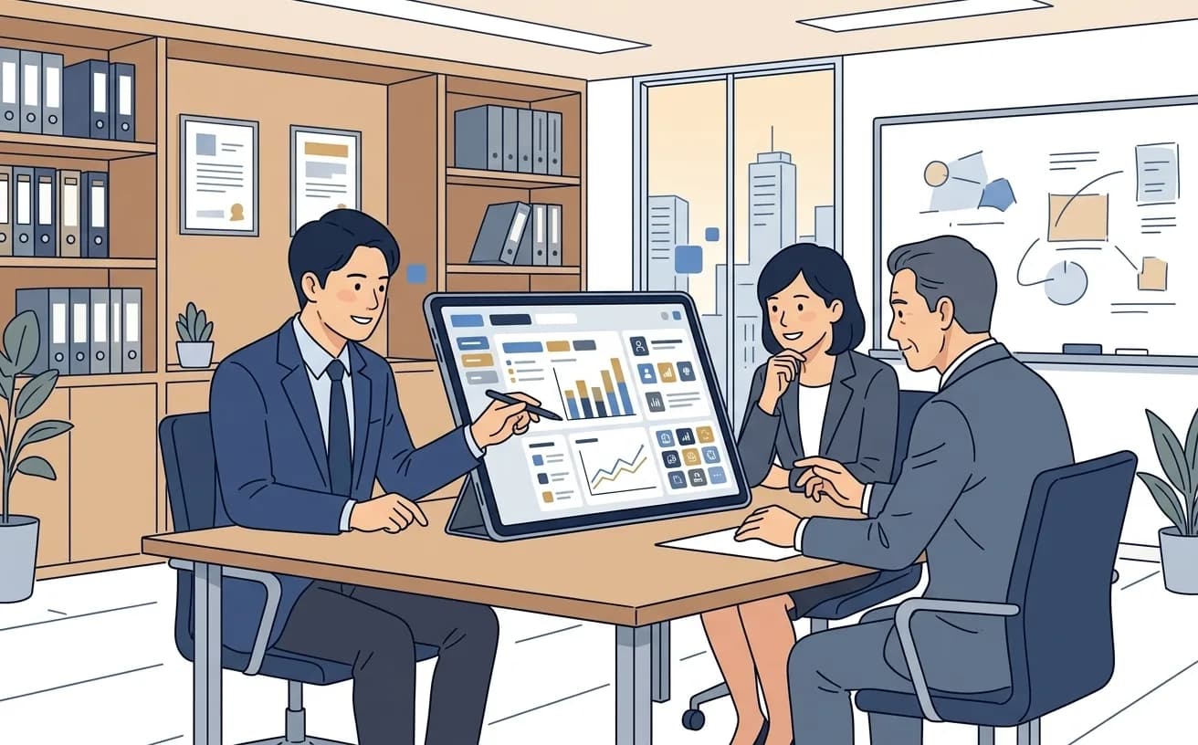 経営層がタブレットで社内AIナレッジの運用状況を確認しているイラスト
