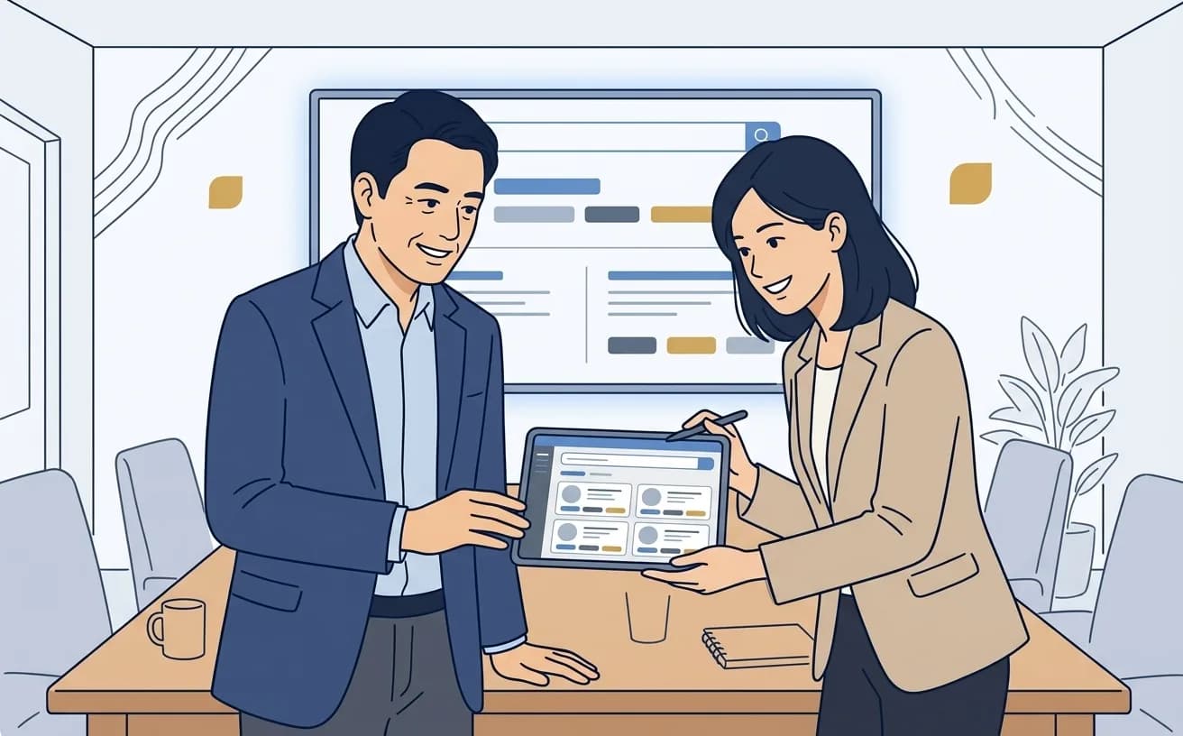 オフィスの決裁者がタブレットで社内RAGの検索画面を確認しているイラスト