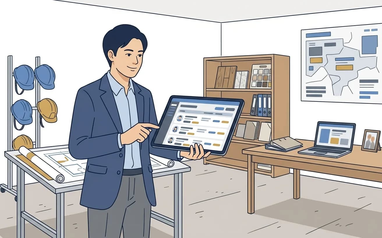 リフォーム会社の担当者がタブレットでアフターフォローのリマインド一覧を確認しているイラスト