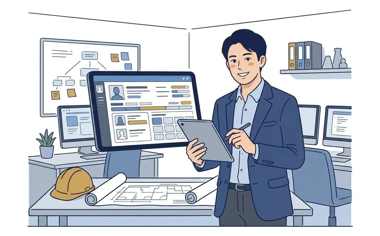 リフォーム会社の担当者がタブレットで案件管理の画面を確認しているイラスト
